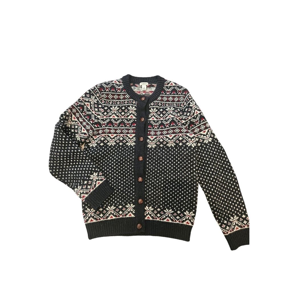 L.L.Bean wool button cardigan fairisle knit womens small black red nordic winter